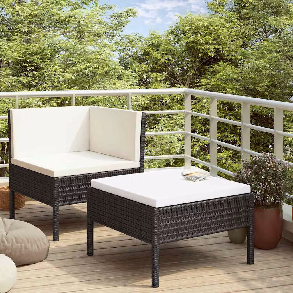 vidaXL Set Divano da Giardino a L con Pouf e Cuscini, Struttura in Metallo e Polyrattan, Bianco e Nero – 1