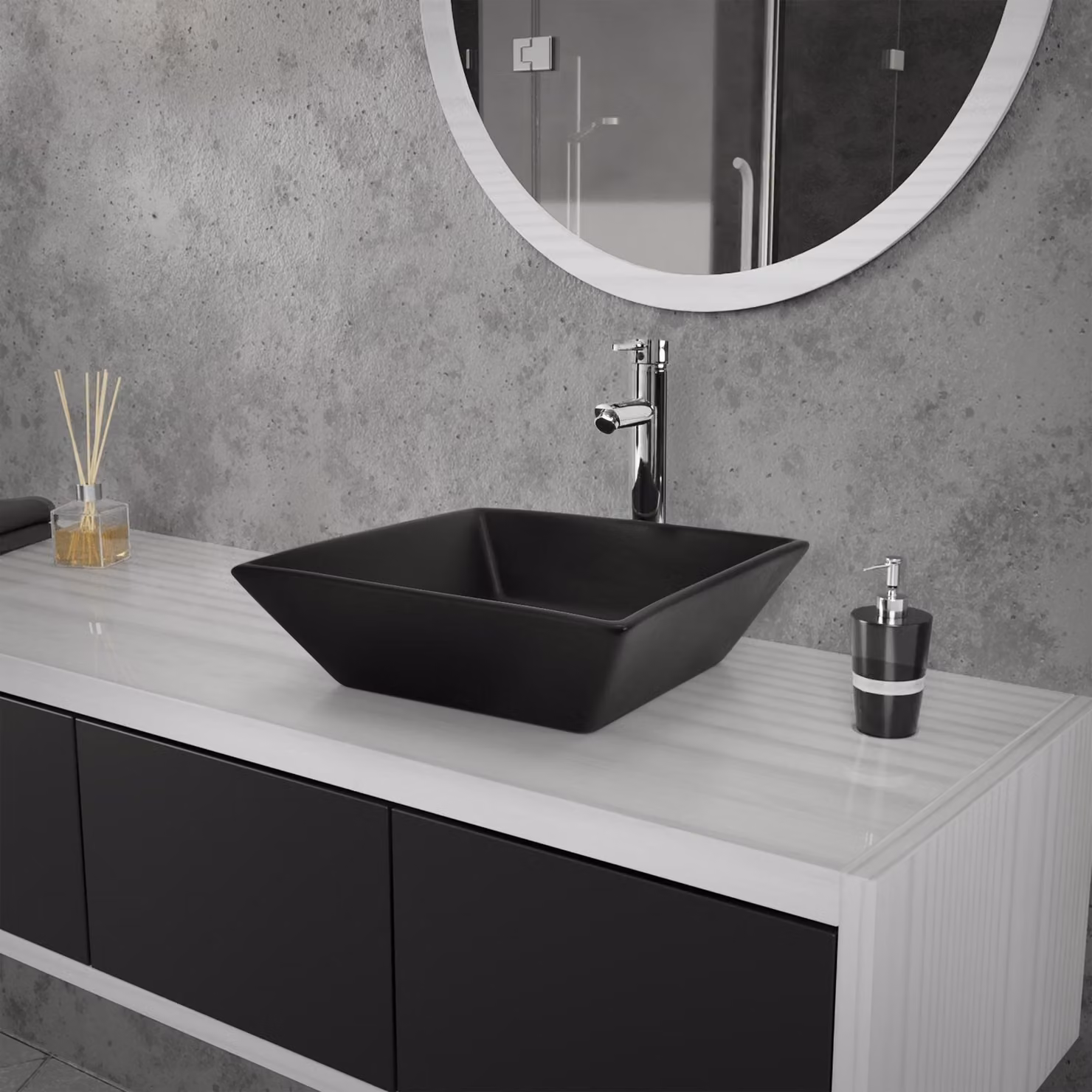 LuxeBath Lavabo da appoggio Square, 41x41x12 cm, nero opaco, in Vetroceramica