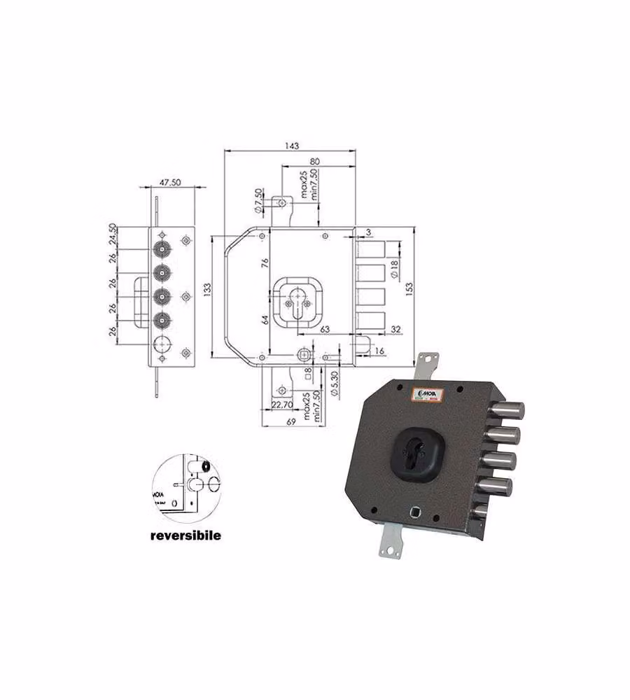 Serratura Sicura Triplice Sx Cilindro  A454 Moia