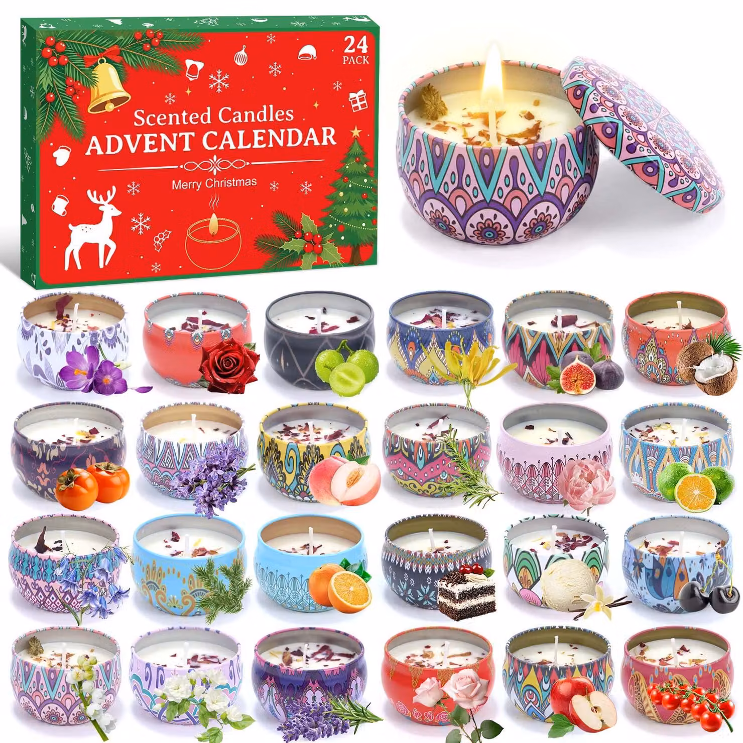 Calendario dell'Avvento 2026 con 24 candele profumate diverse, ideale per donne e ragazze, calendario natalizio