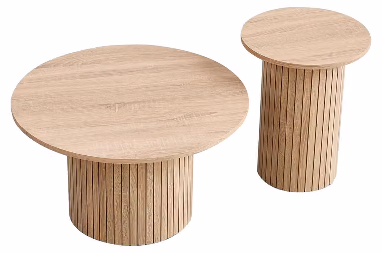Set di tavolini nordici - Due tavolini rotondi in legno - Set da 2, impilabili, dimensioni 70 cm - Tavolino da salotto e tavolino ausiliario - Legno chiaro