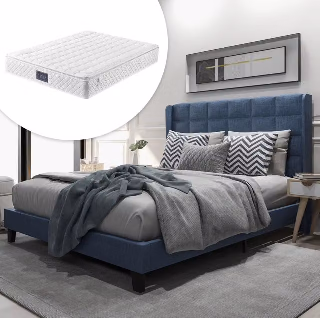 Letto matrimoniale imbottito ULEVR 140x200 cm con rete a doghe e materasso a molle, blu