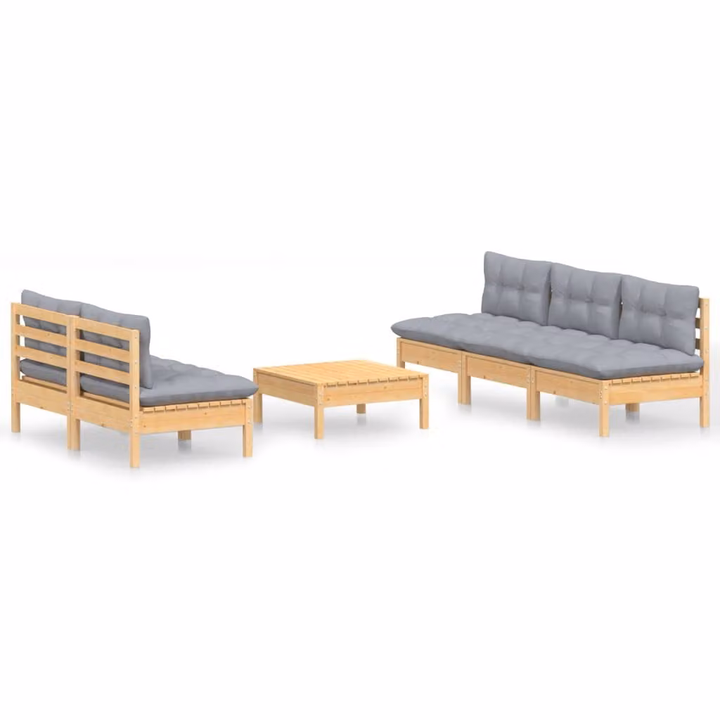 Set Divani da Giardino 6 pz con Cuscini Grigi Massello di Pino