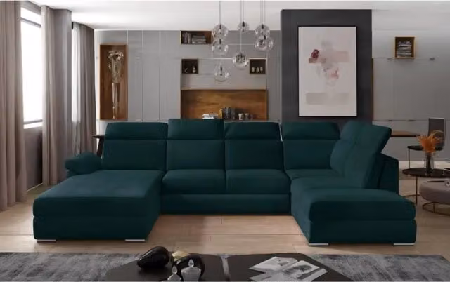 Divano panoramico convertibile MAJESTA di MEUBLORAMA a forma di U, colore verde, con angolo sinistro, funzione letto, poggiatesta regolabile e contenitore