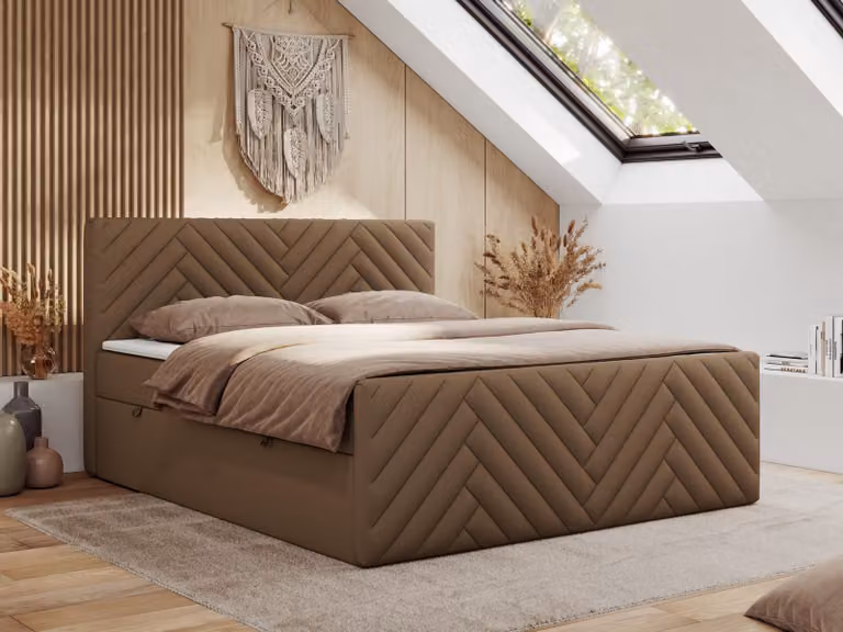 Letto boxspring MKS MEBLE 160x200 con contenitore e materasso H4 - Paris Duo - Pelle finta marrone