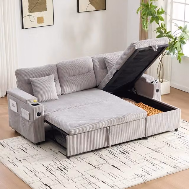 Divano 3 posti REDOM con chaise longue e letto estraibile in velluto a coste Grigio, con porta bicchieri e ricarica USB-C, L/P/H: 212,5 x 136 x 86 cm