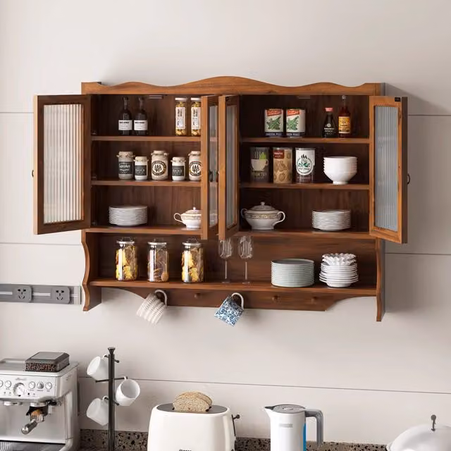 Pensile OKWISH per cucina e bagno con 4 ante in vetro e ripiani interni in legno massello, marrone, L: 100 cm, P: 20 cm, H: 80 cm