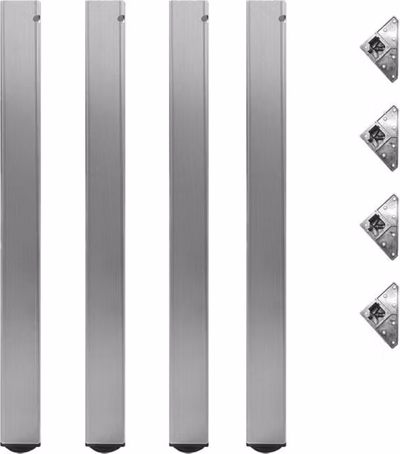 Set di 4 gambe per tavolo Tezeta in alluminio argento con piedini in plastica nera, altezza regolabile da 70.5 a 76.5 cm