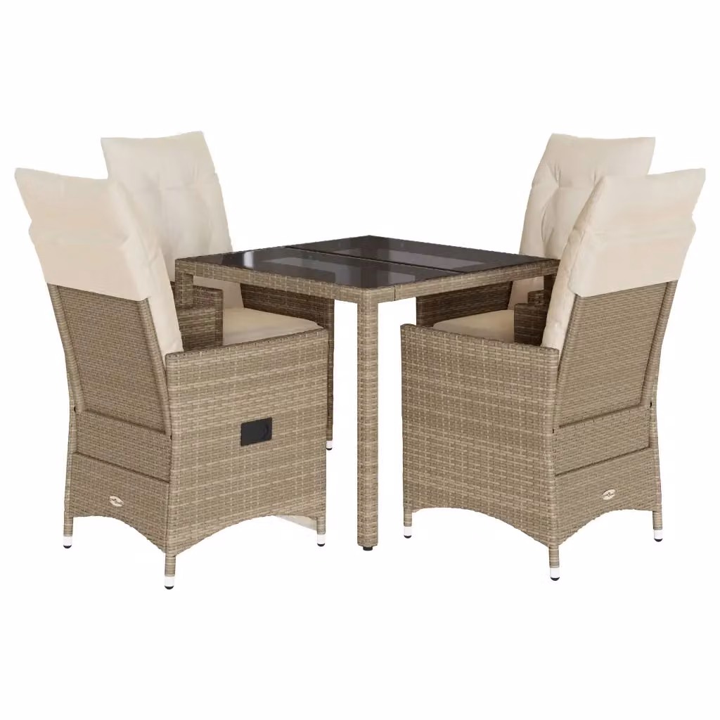 Set da Pranzo da Giardino vidaXL in Polyrattan con Cuscini Beige e Tavolo in Vetro per 5 Persone – 2