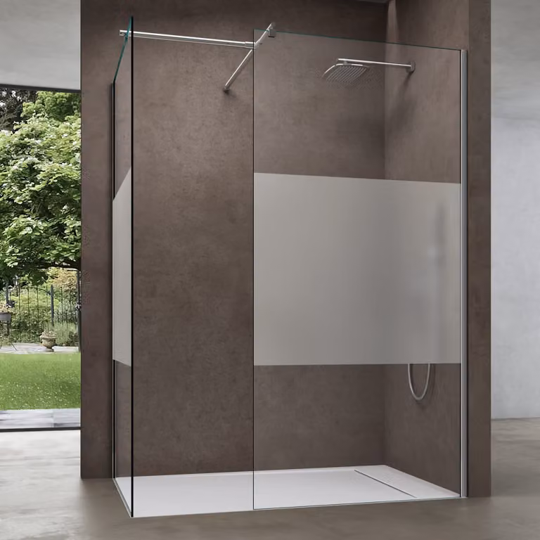 doporro Box Doccia Walk-In Due Lati Fissi 100x90cm, Parete Doccia Anticalcare in Vetro Parzialmente Smerigliato da 8mm con Braccio Sostegno Telescopico in Acciaio Bremen01MS-T