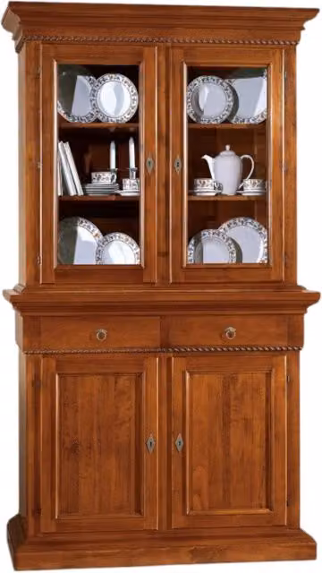 Cristalliera in legno noce stile arte povera con ante in vetro e cassetti Mobili 2G L/P/H: 135 x 50 x 228 cm