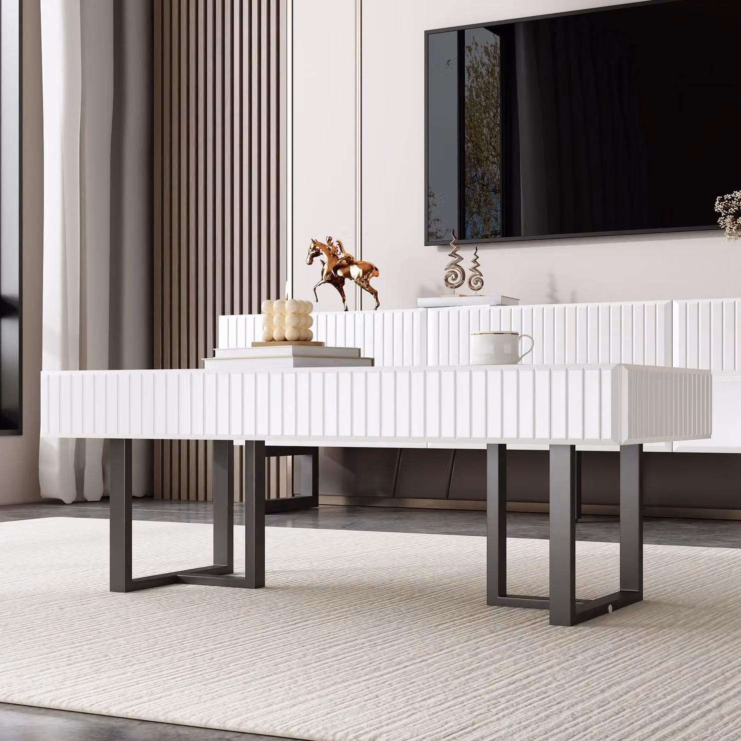 mobili da soggiorno okwish SET Tavolino moderno e porta TV con cassetti e ripiani aperti, set di mobili contenitori con piano d'appoggio lucido, bianco e nero