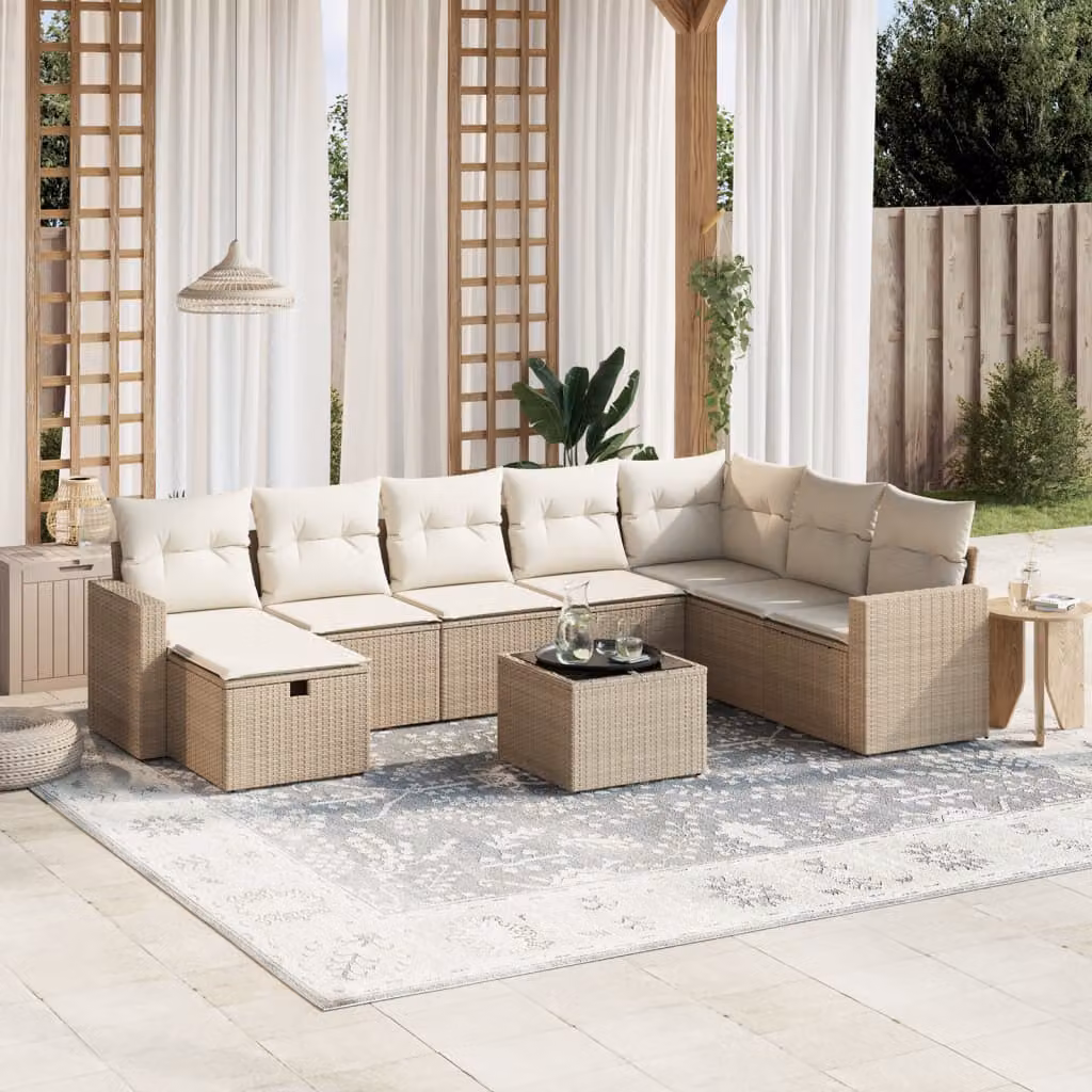 vidaXL Set Divano da Giardino 9 pz a L con Cuscini Beige e Tavolino, Polyrattan e Metallo con Coperture Rimovibili – 1