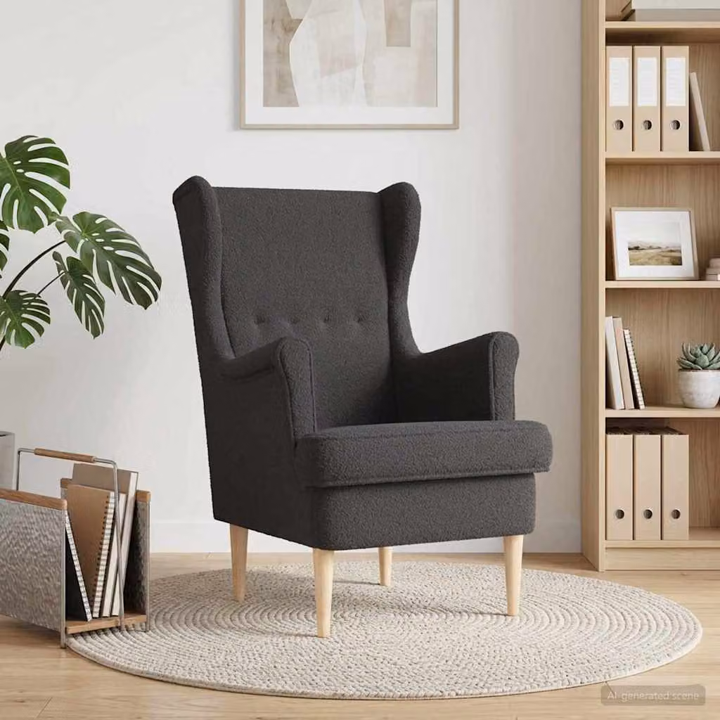 Poltrona moderna vidaXL in tessuto bouclé grigio con braccioli e struttura in legno e metallo
