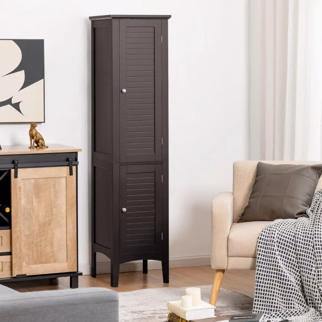 Colonna mobile bagno salvaspazio con 2 ante e 5 vani, mobile da terra moderno nero opaco L/P/H: 37 x 37 x 160 cm – 2