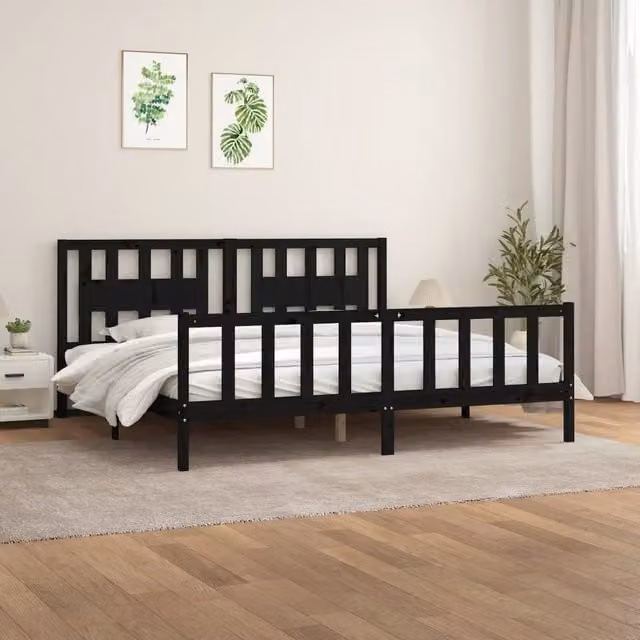Giroletto con Testiera-Struttura Letto con testiera Nero Legno Massello di Pino 200x200 cm