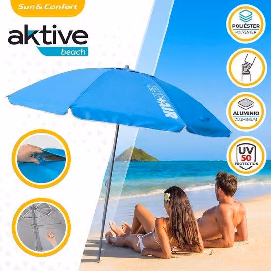 Robusto ombrellone da spiaggia blu con asta reclinabile e borsa per il trasporto