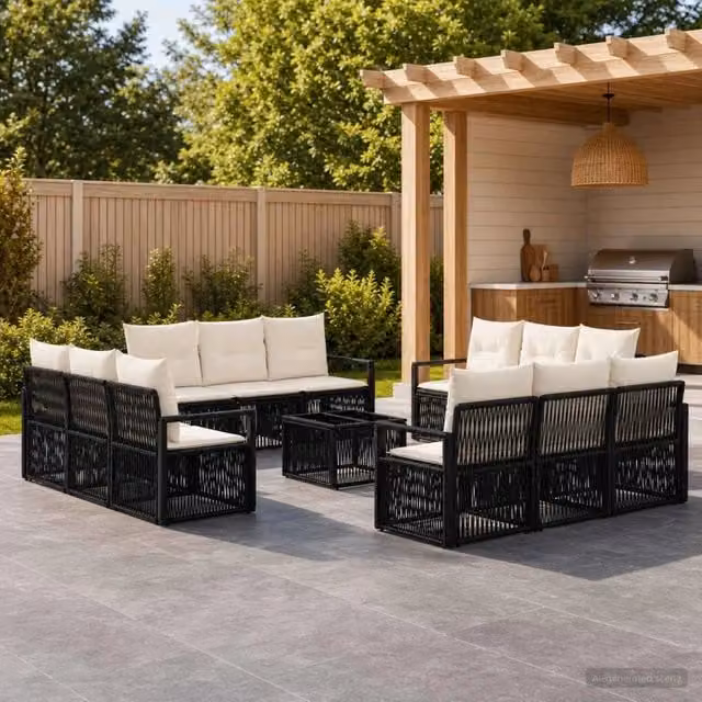 Set da giardino vidaXL a forma di U composto da 13 pezzi con divano a 3 posti, tavolino da caffè e cuscini in colore nero