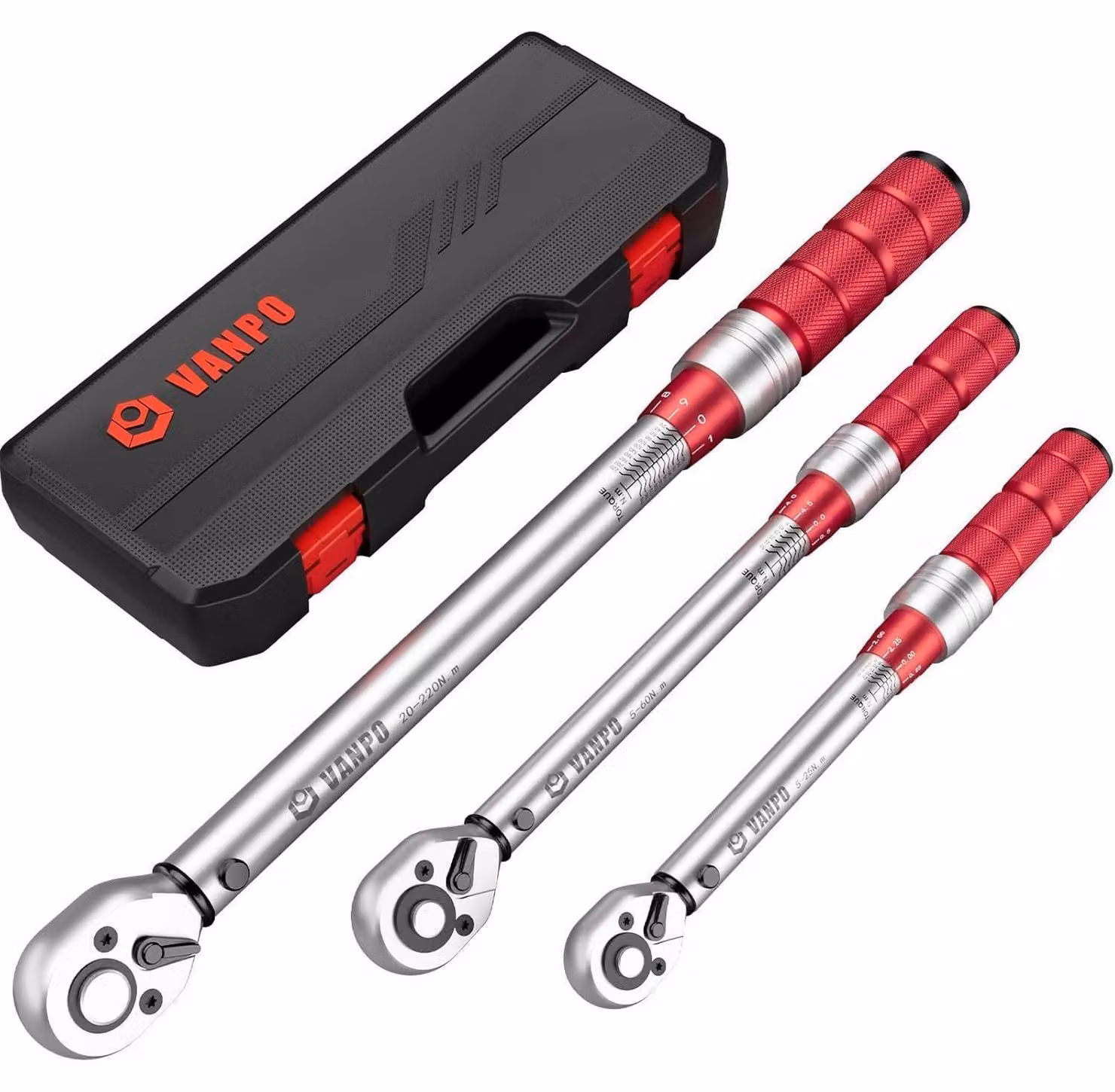 Set di chiavi dinamometriche, 3 pezzi, 1/4", 3/8", 1/2", con gamme da 5-25 Nm, 5-60 Nm e 20-220 Nm, precisione ±3%, 72 denti, adatte per la manutenzione di auto, biciclette e motociclette