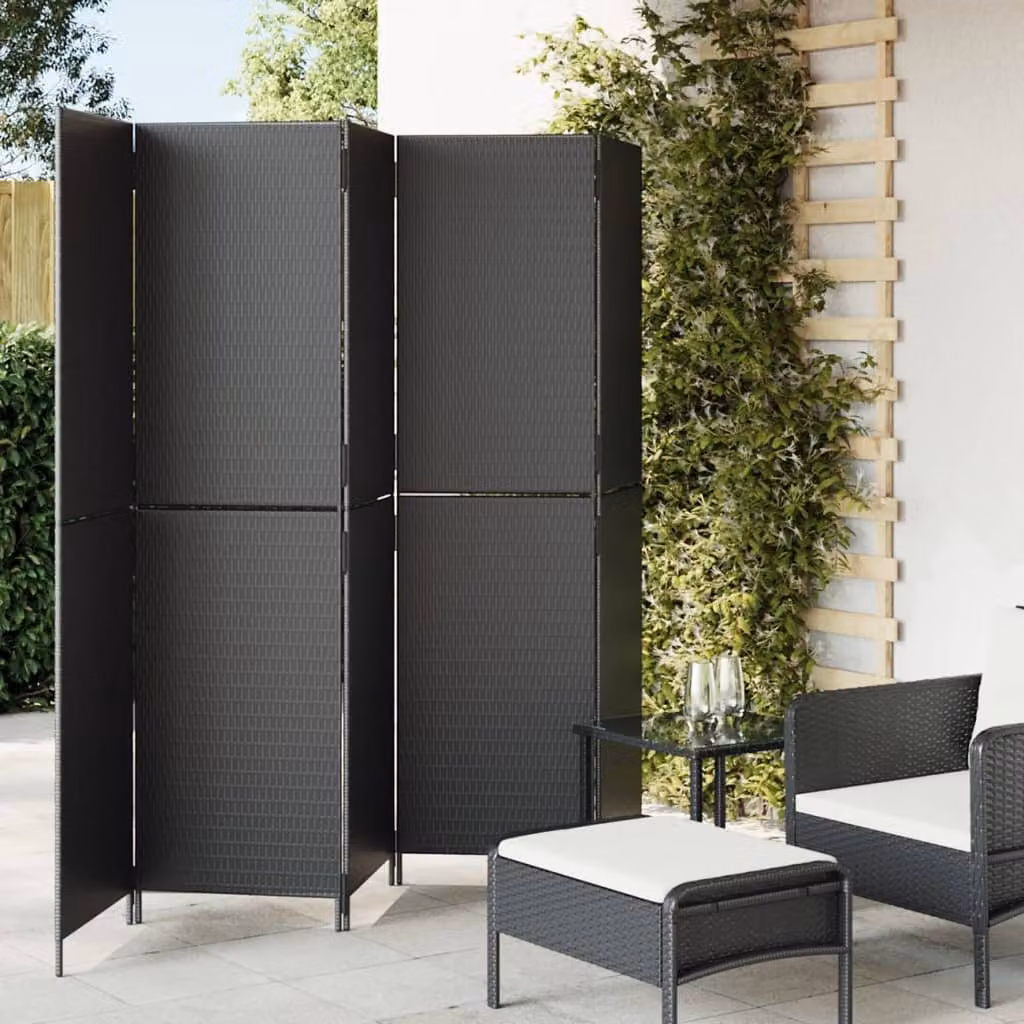 Divisorio per Ambienti vidaXL a 5 Pannelli in Polyrattan e Metallo Nero, Design Moderno, H: 180 cm, L: 245 cm