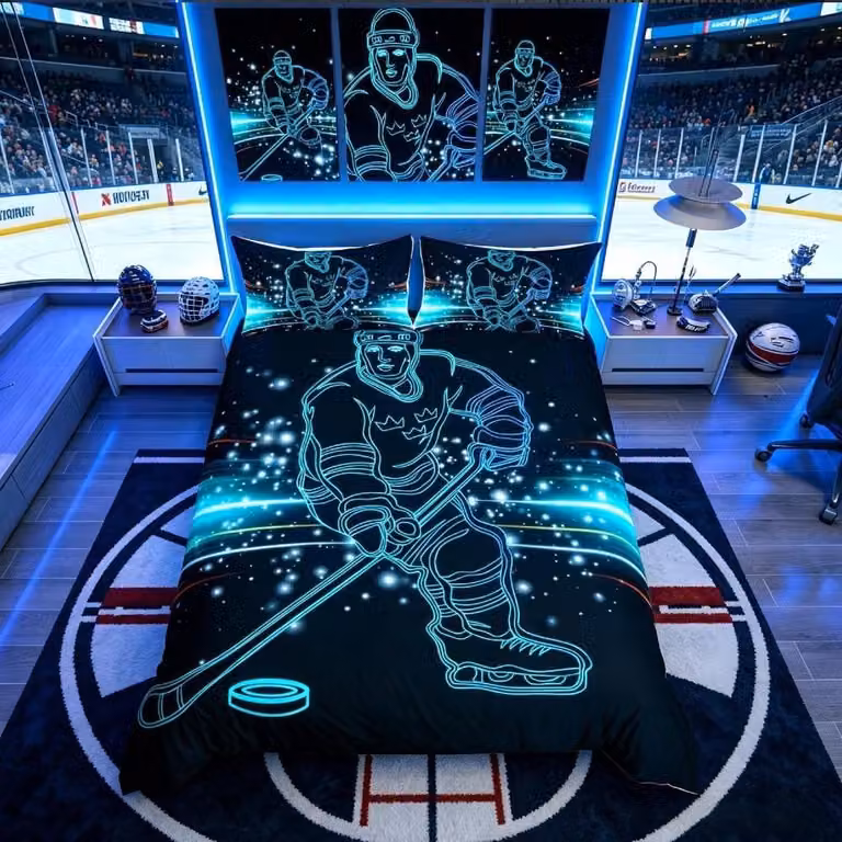 Set di lenzuola per letto a tema hockey su ghiaccio, per ragazzi e ragazze, composto da 3 pezzi