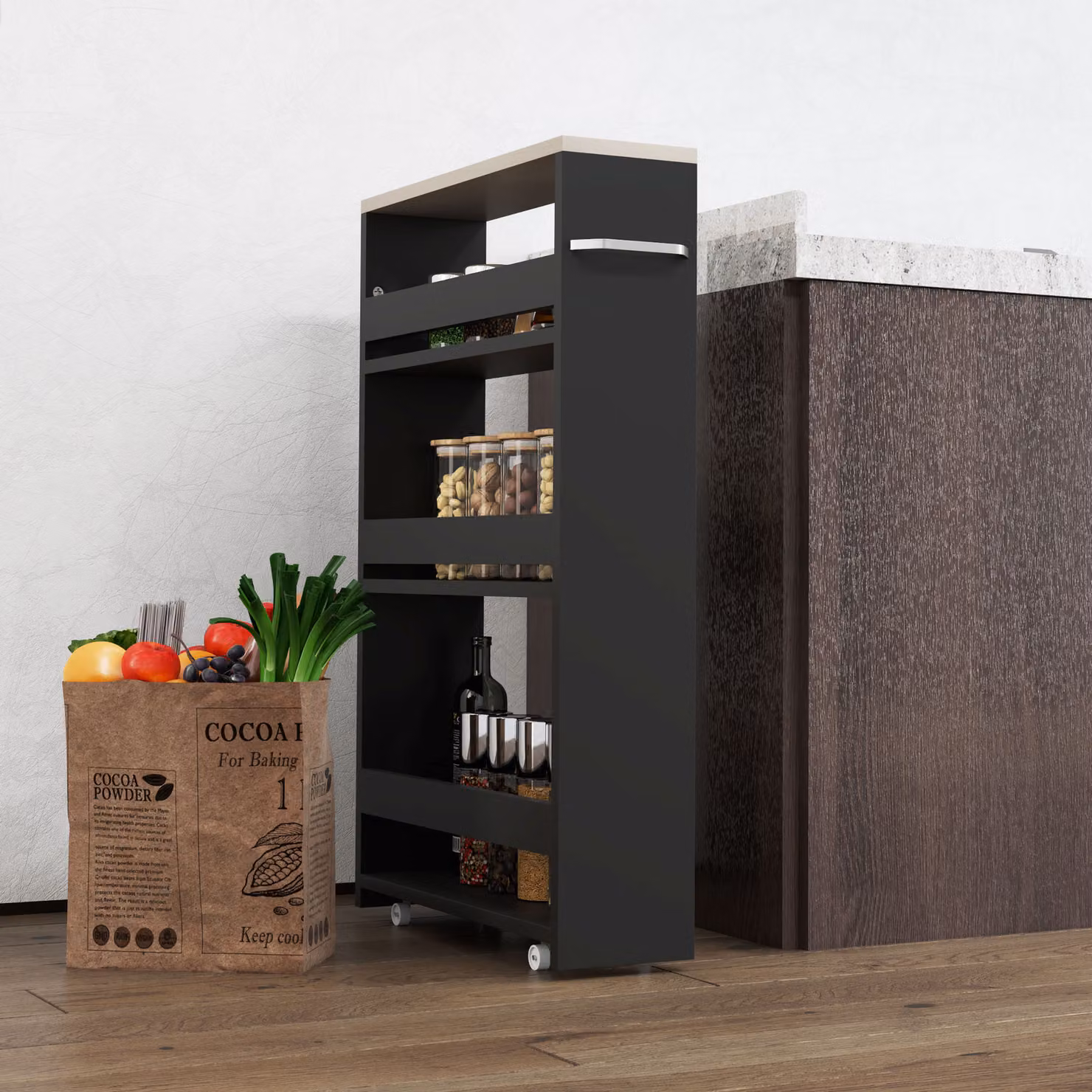 Carrello di stoccaggio a 3 piani kleankin con ruote e maniglia, nero, L 48 cm x P 15 cm x H 80 cm – 2