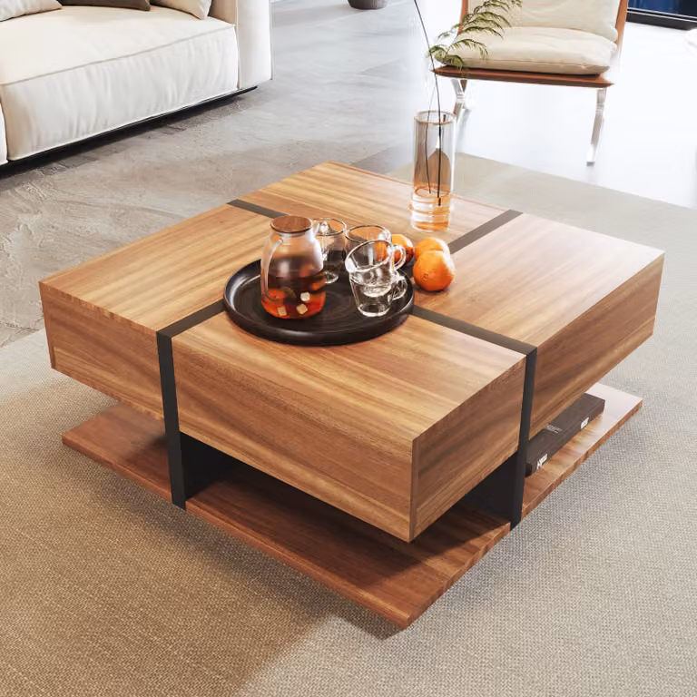 MODFU tavolini quadrati con 4 cassetti 78*78*36cm, tavolo con spazio di archiviazione sul fondo, naturale