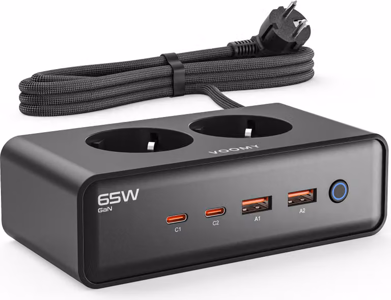 VOOMY 6-in-1 ciabatta 65W USB-C - 2x USB-C e 2x USB-A - Presa multipla con 2 slot - 4000W - Cavo 2M - Nero