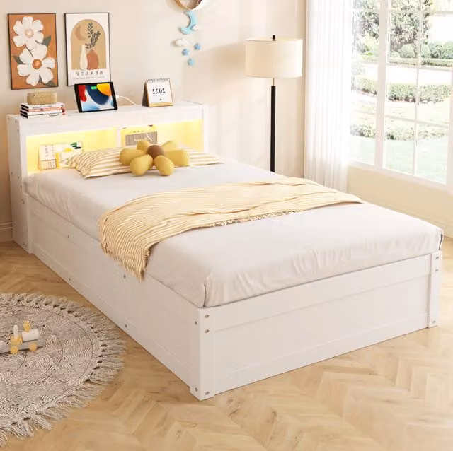 Letto multifunzione 90x200 cm con presa; contenitore idraulico e LED in MDF bianco