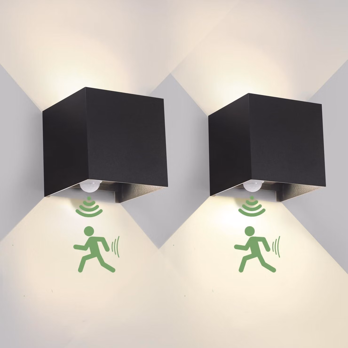 Lampada da parete a LED, 6W, 4000K, con sensore di movimento, set da 2, colore nero