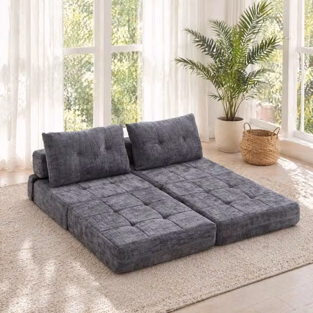 Divano letto pieghevole Mivray in chenille grigio con cuscini per testa e zona lombare ideale per soggiorno e camera da letto