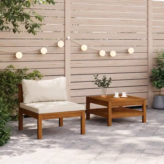 Set Salotto da Giardino Moderno in Legno di Acacia con 2 Divani a Due Posti e Tavolino, Cuscini Bianchi e Beige – 1