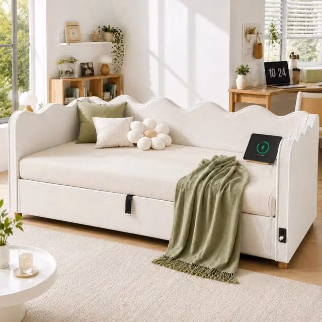 Letto Contenitore REDOM in Velluto e Bouclé con Porta USB, L/P/H: 90 x 200 x 102,5 cm, Colore Beige e Bianco – 1