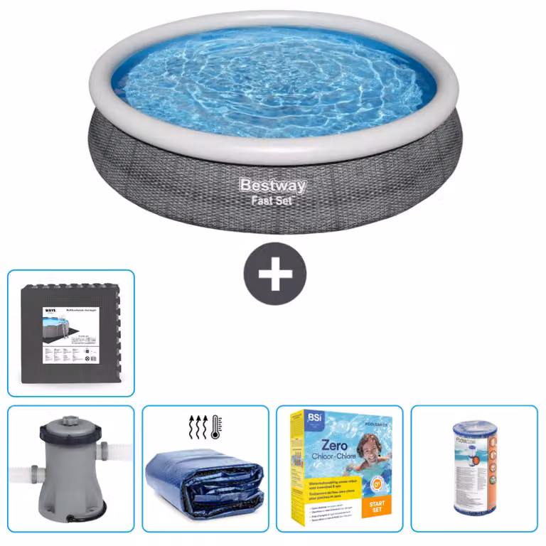 Piscina gonfiabile rotonda Bestway a presa rapida - stampa rattan - 366 x 76 cm - pompa inclusa - tenda da sole - pacchetto manutenzione - filtro - piastrelle per il pavimento