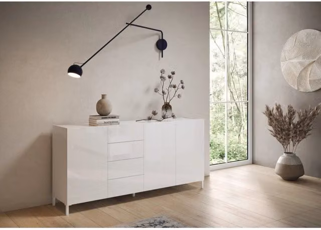 Madia moderna 3 ante/4 cassetti 174x40x84 cm Solaria - Bianco Lucido