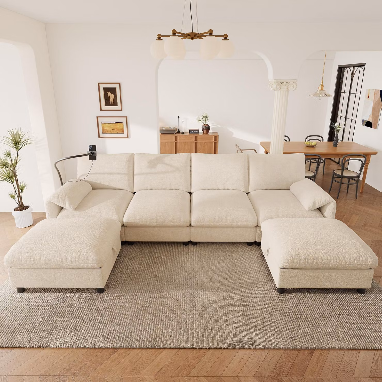 Divano angolare modulare a U Merax, set da salotto a 6 posti con 2 pouf, vano portaoggetti, porta USB Type-C, supporto per cellulare, divano in ciniglia, beige