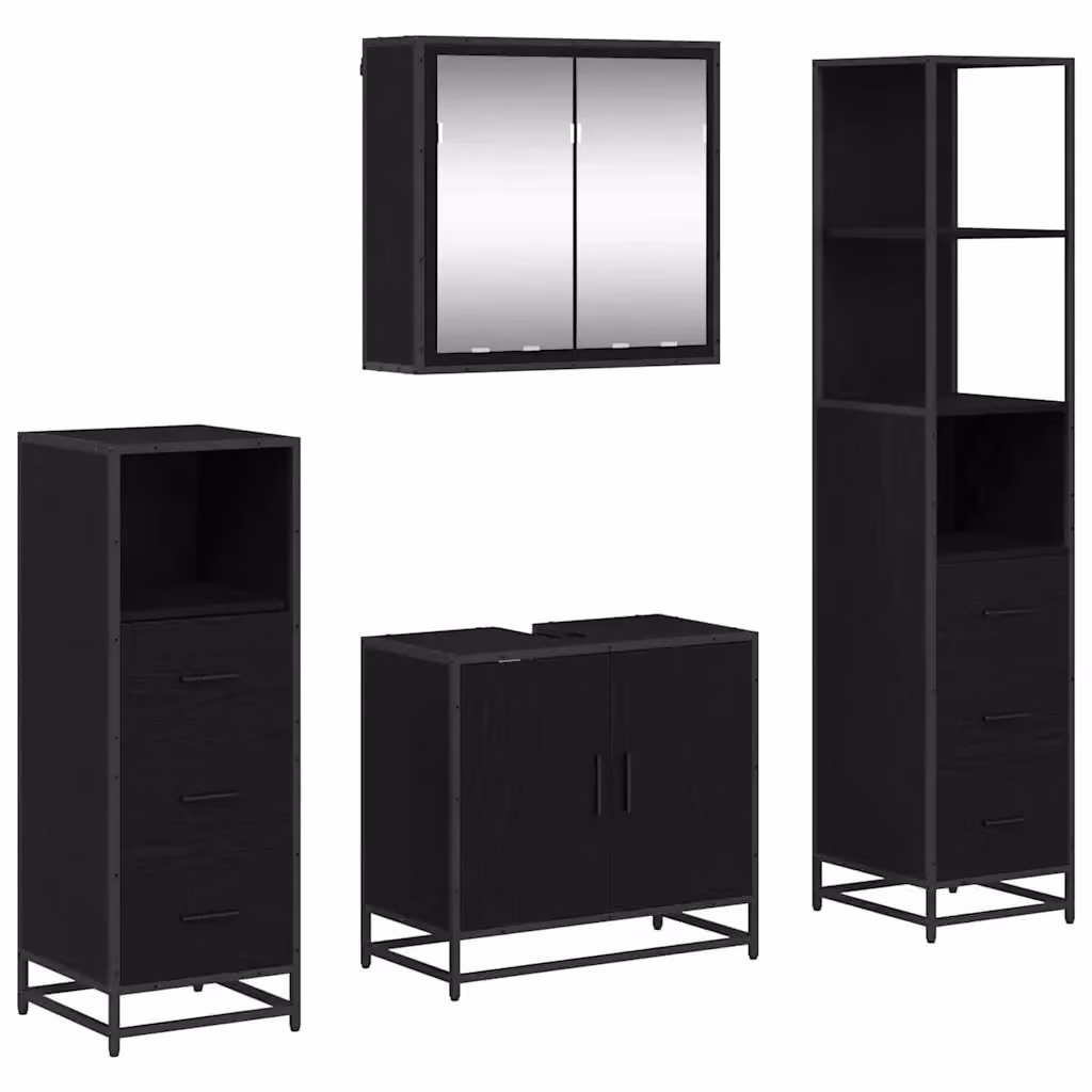 Set di mobili per il bagno moderno vidaXL composto da 4 pezzi in legno e metallo nero opaco con armadietto a specchio, mobile lavabo, colonna alta e mobile laterale – 2
