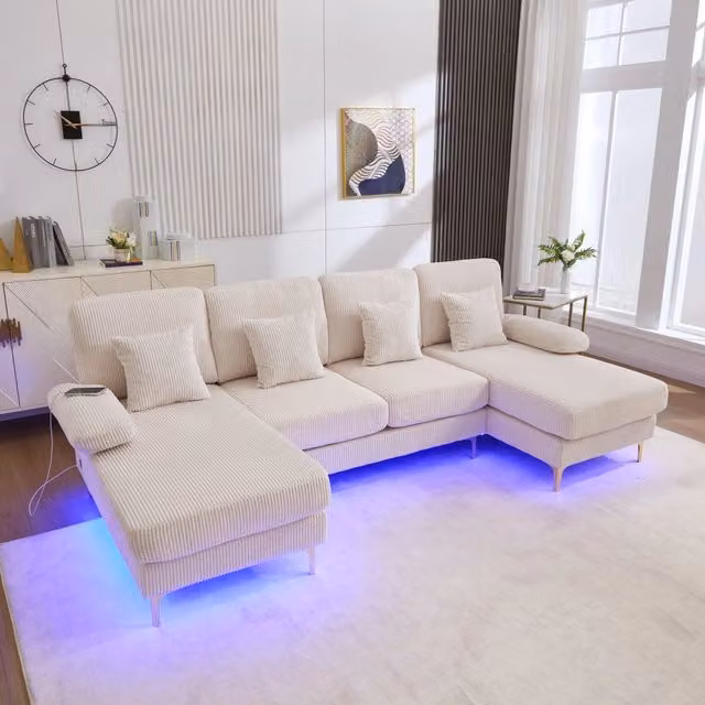 Divano angolare a U REDOM in velluto beige con illuminazione LED e porte USB, L: 265 cm, P: 135 cm, H: 88 cm