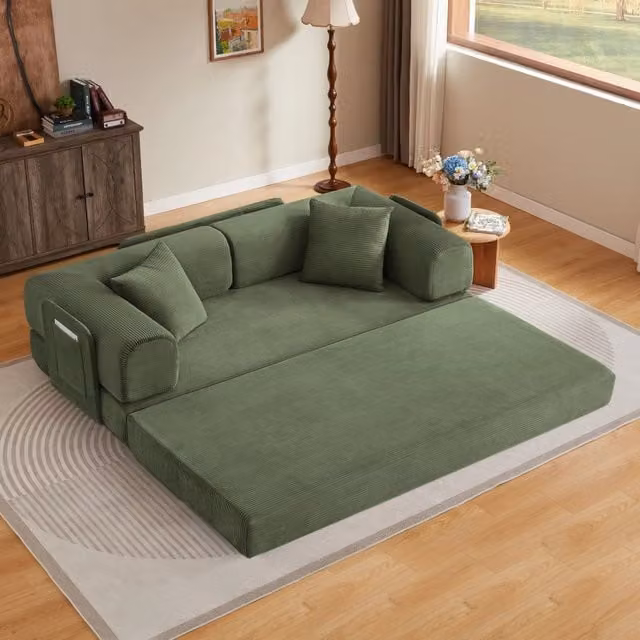 Divano letto a 3 posti; trasformabile; due materassi in schiuma da 17 cm; velluto a coste verde; telaio in acciaio cromato