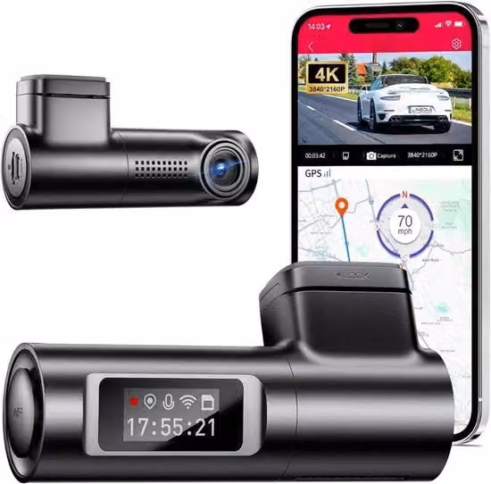 Dash Cam per Auto 4K UHD con Visione Anteriore e Posteriore, GPS e Wi-Fi, Registrazione Giorno e Notte, Colore Nero
