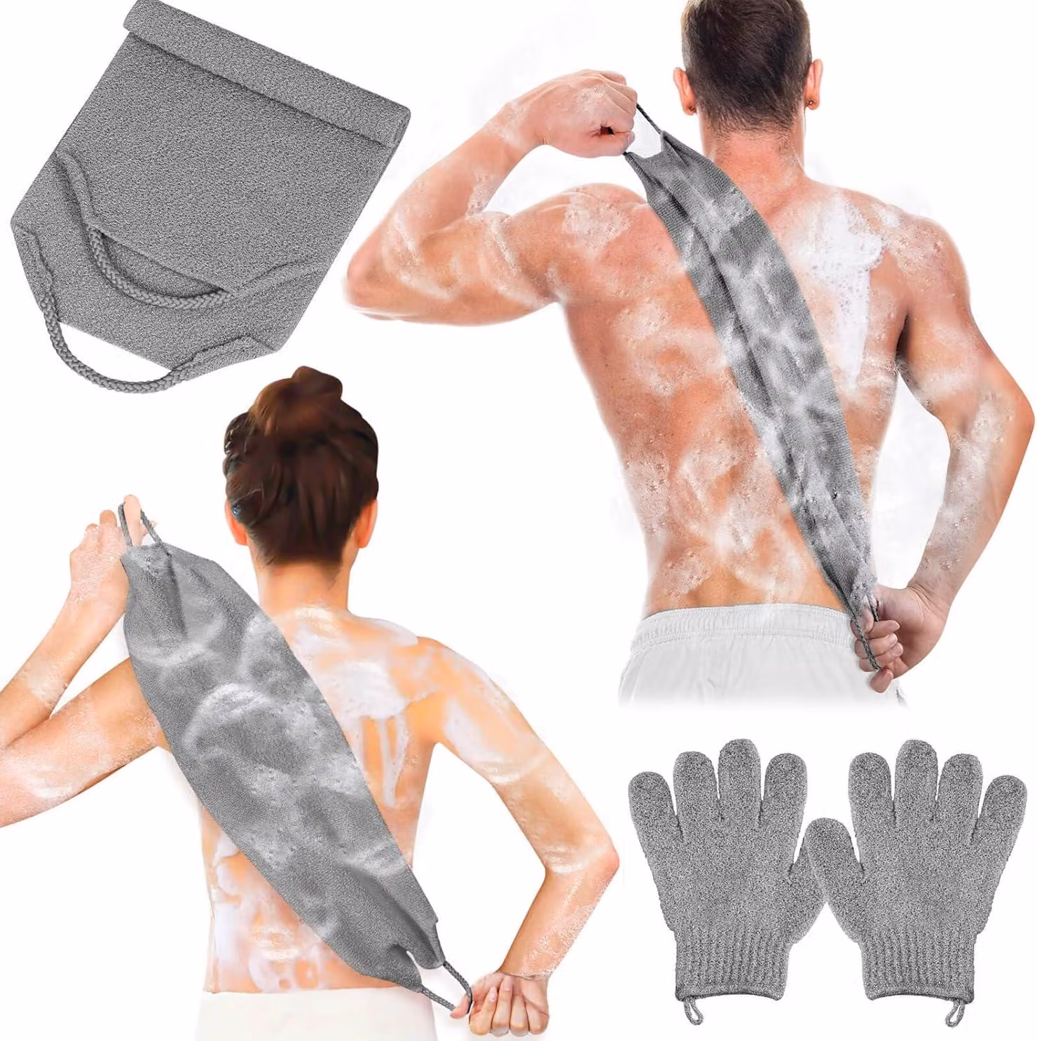 Spazzola esfoliante per il corpo, con guanto da bagno, asciugamano da doccia e spazzola per la schiena, colore grigio, per la pulizia e l'esfoliazione della pelle