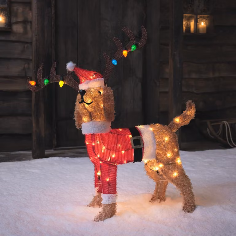 Albero di Natale a forma di cane con luci LED, 80 cm di altezza, 70 luci LED bianco caldo, timer integrato, grado di protezione IP44
