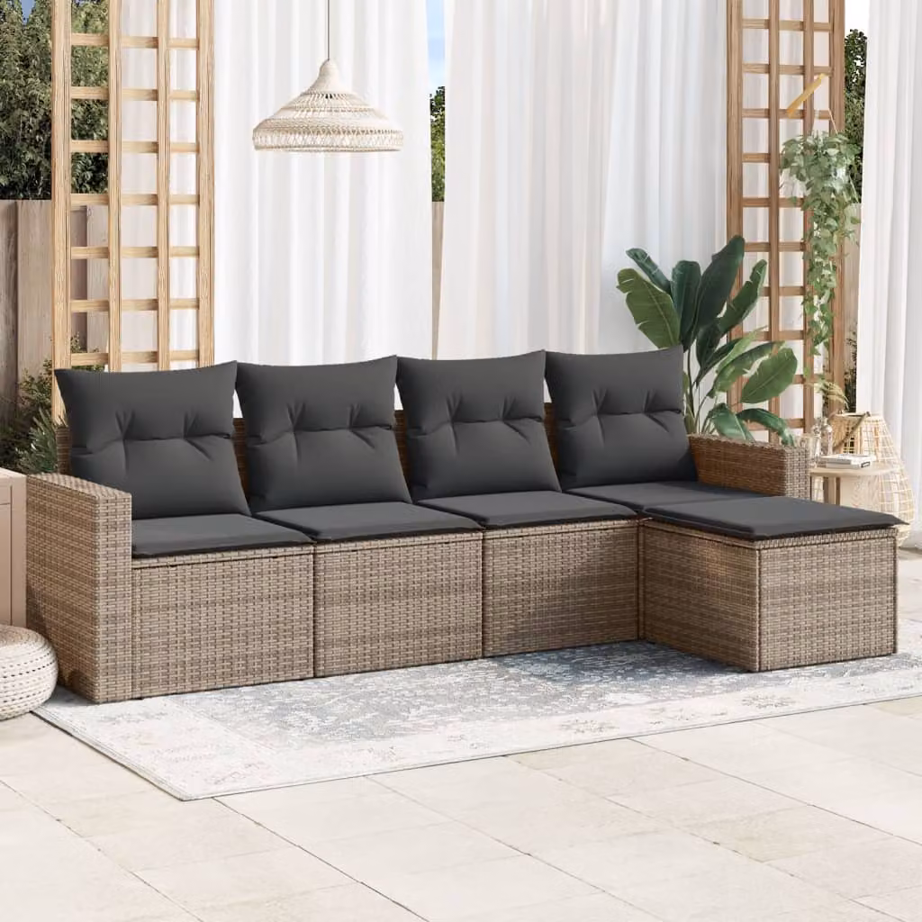 vidaXL Set Divano da Giardino a L 5 pz con Cuscini Grigio in Polyrattan e Struttura in Acciaio – 1