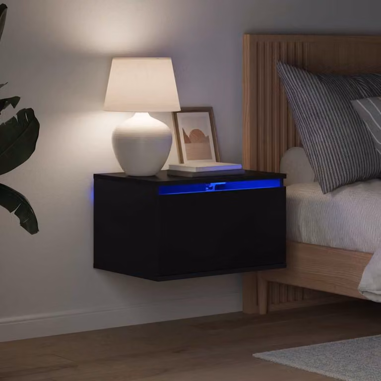 Comodino a parete vidaXL con luci LED integrate, design moderno in legno, nero opaco, L: 36 cm, P: 30 cm, H: 50 cm