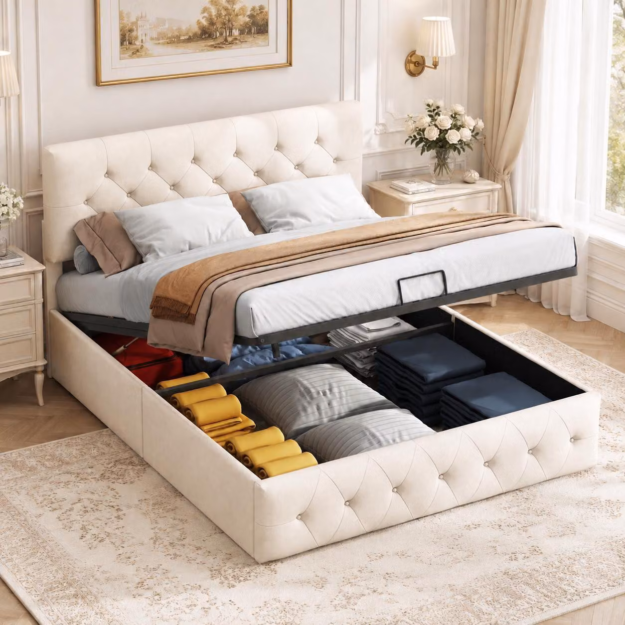 Letto matrimoniale con boxspring 160x200 cm, completo di rete a doghe, letto imbottito con sistema idraulico e spazio contenitore, struttura letto per giovani con cassettone, rivestito in velluto color beige