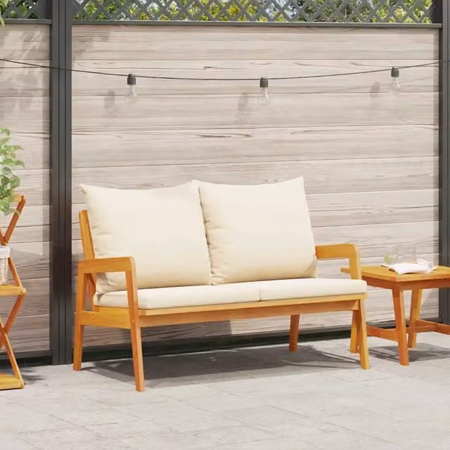 Panchina da giardino moderna vidaXL in legno di acacia oliato marrone con cuscini beige L: 115 cm, P: 65 cm, H: 71 cm