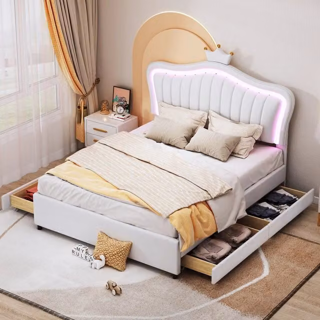 Letto imbottito singolo Minimal bianco in similpelle con cassetti e illuminazione LED L/P: 140 x 200 cm – 1