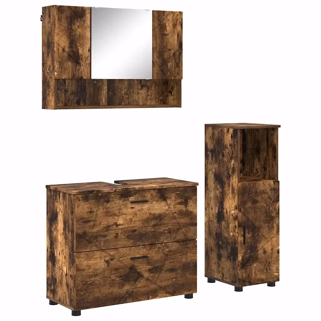 Set di mobili per il bagno moderno vidaXL in 3 pezzi color rovere marrone con mobile lavabo, armadietto con specchio e colonna alta – 2