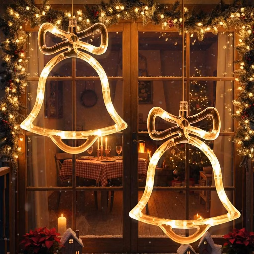LED Natale Stella Finestra Luci 2 Pezzi Bianco Caldo LED Campana Luci Finestra Fata Luci Appeso Batteria Porta di Natale Casa Party Decorazione