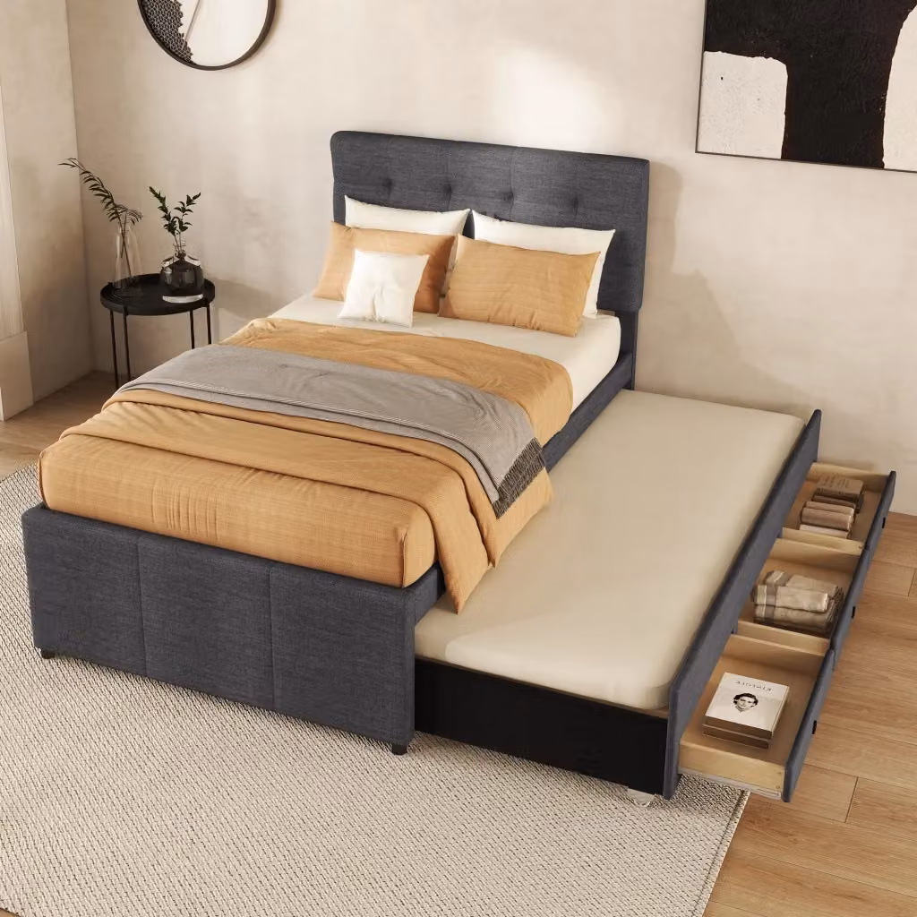 Letto estraibile con 3 cassetti e testiera regolabile in tessuto grigio, L/P: 90 x 200 cm – 2